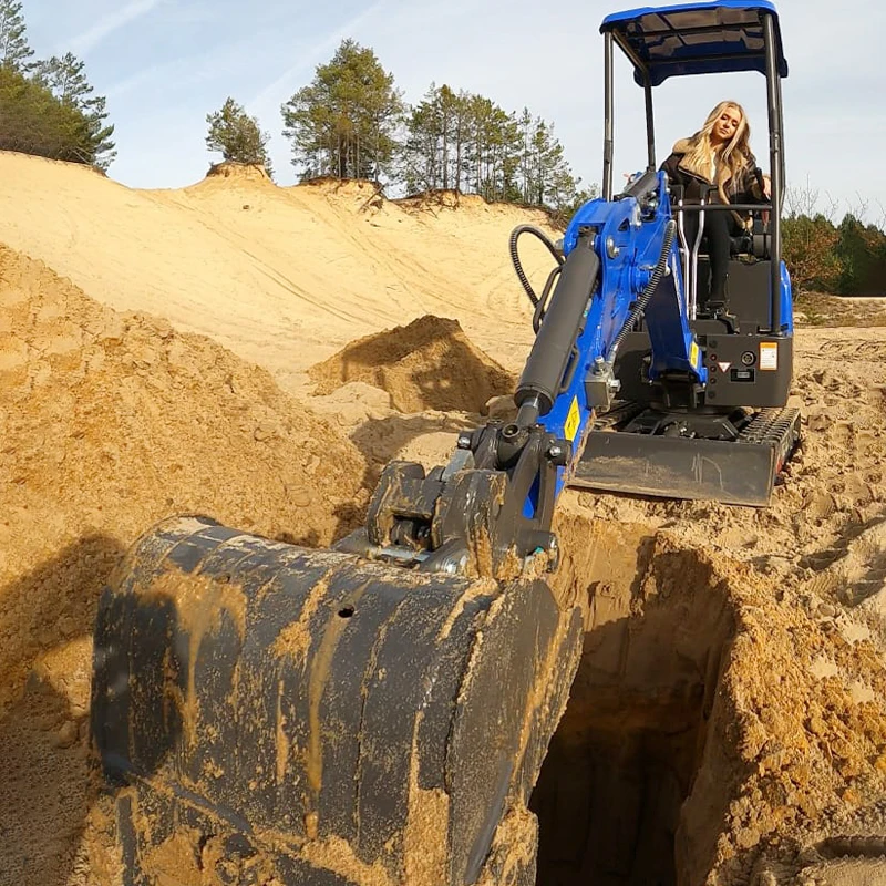 Detalle de accesorios y cucharas de mini excavadora