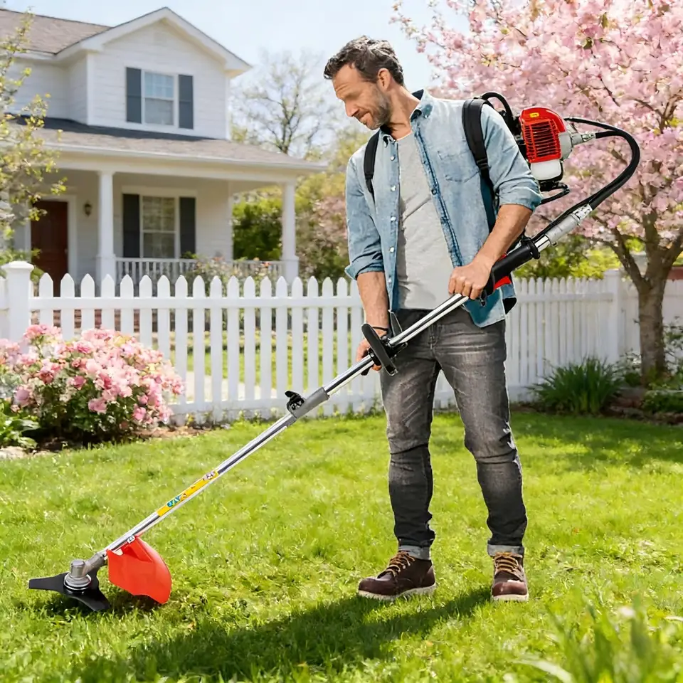 Herramienta multifuncional roja 52cc en uso en jardín