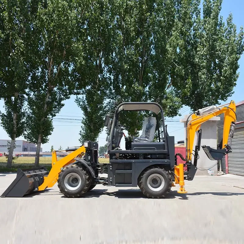 Vista lateral mini excavadora agrícola 4x4