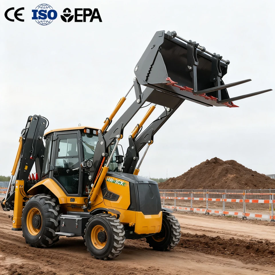 Excavadora Cargadora 4x4 Multifuncional Diesel trabajando en obra