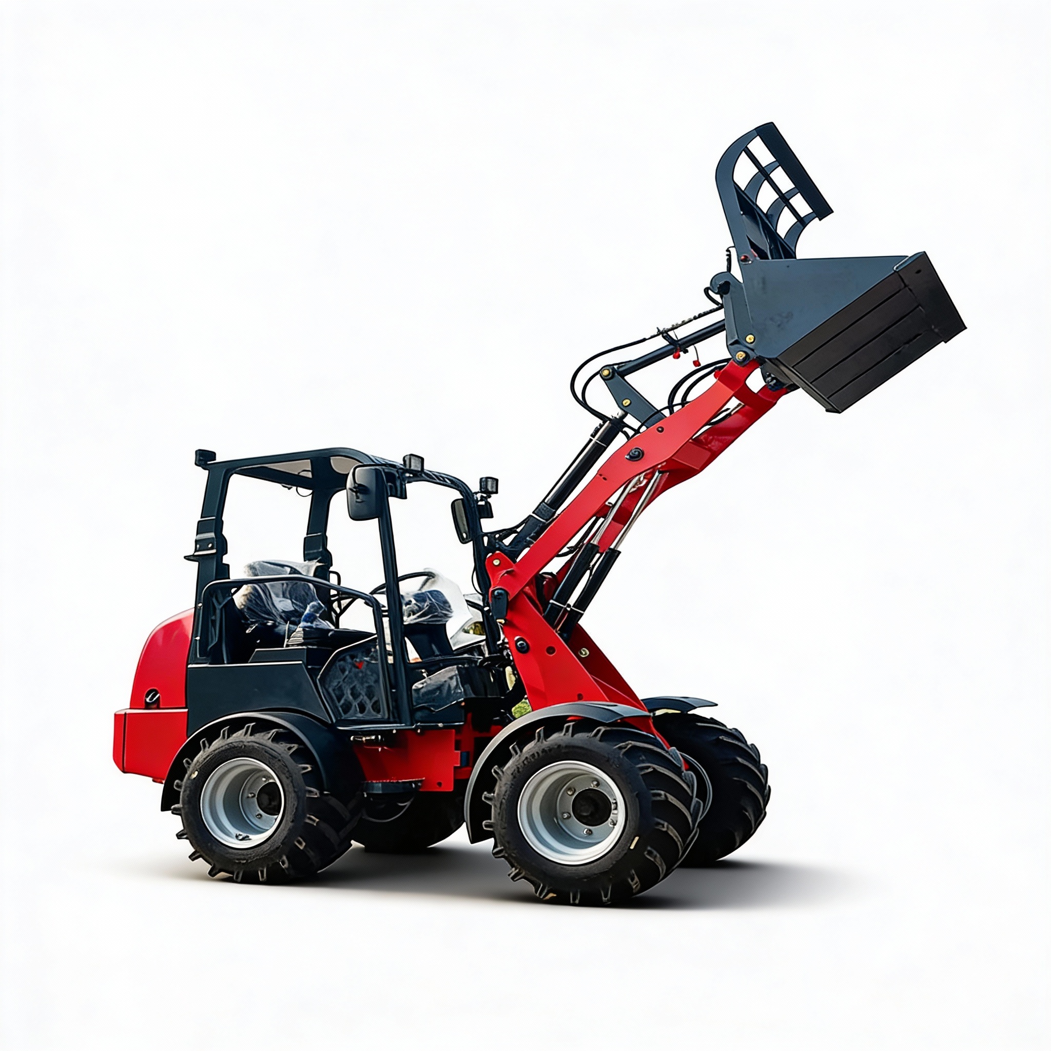 Excavadora de ruedas Mini Cargadora Agrícola vista lateral con brazo elevado