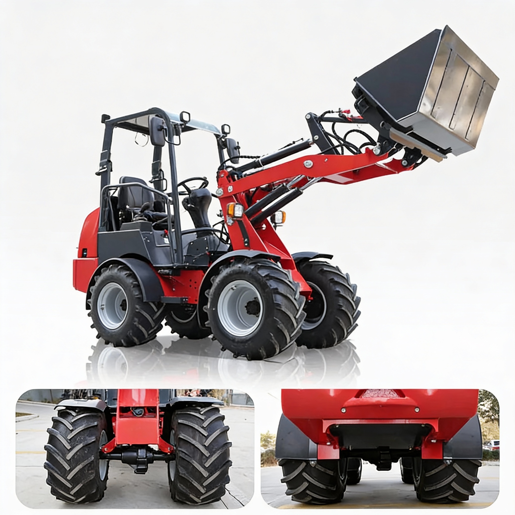 Detalle frontal de excavadora de ruedas Mini Cargadora Agrícola